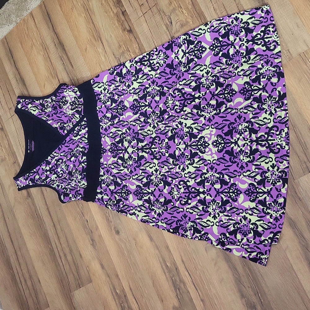 TEKGEAR Navy Purple Lime Green Fleur De Lis Modest Sleeveless Athletic Dress - Picture 3 of 8